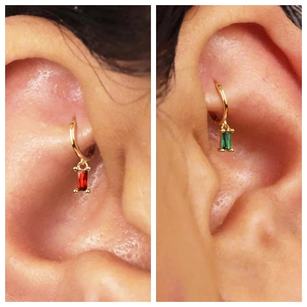 18G Emerald Garnet Baguette Cartilage Hoop Earring • tiny gold cartilage hoop • baguette stones • silver hoop • dainty cartilage earrings