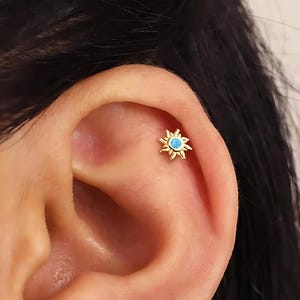 Blue Opal Sun internelly threaded Flat Back Labret, Cartilage Earrings, Tragus Stud, Helix Stud, Flat Back Stud, Dainty Minimalist Earring