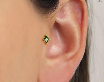 Emerald Diamond 925 Silver Cartilage Threadless push pin flat back: Helix Tragus Stud
