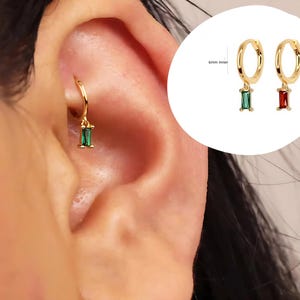 18G Emerald Baguette Cartilage Hoop Earring • tiny gold cartilage hoop • baguette stones • silver hoop • dainty cartilage earrings