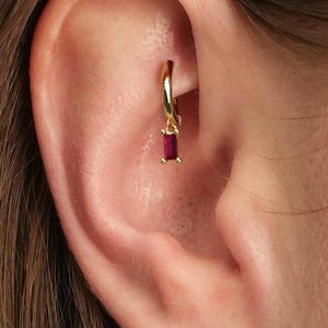 18G Ruby Baguette Cartilage Hoop Earring • tiny gold cartilage hoop • baguette stones • silver hoop • rook earrings