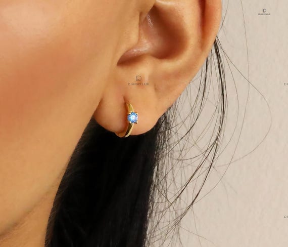 Aquamarine Huggie Hoop Earrings: Sterling Silver CZ Dangle, Minimalist Lobe Jewelry