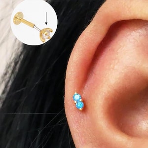 Aquamarine Double Stone Threadless Push Pin,Cartilage Earrings,Tragus Stud, Helix Stud, Flat Back Stud, Sterling Silver, Minimalist Earring