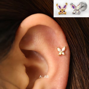18G AB Butterfly Internal Threaded Flat Back Labret, Cartilage Earrings, Tragus Helix Stud, Flat Back Stud, 925 Sterling Silver, Minimalist