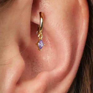 18G Alexandrite Rook and Cartilage Hoop Earring • tiny gold cartilage hoop • baguette stones • silver hoop • rook earrings