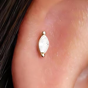 Diamond Marquise 18G Internal Threaded Flat Back Labret, Cartilage Earrings, Tragus Stud, Helix Stud, 925 Sterling Silver, Minimalist