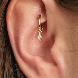 18G Diamond white Rook and Cartilage Hoop Earring • tiny gold cartilage hoop • baguette stones • silver hoop • rook earrings