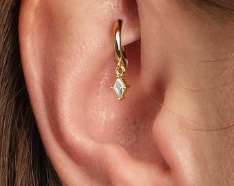 18G Gold Plated Sterling Silver CZ Hoop Earring: Minimalist Cartilage rook daith lobe Jewelry