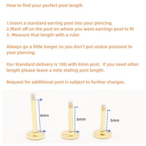 May include: Three gold-colored earring posts with threaded ends, displayed with blue arrows indicating lengths of 8mm, 6mm, and 5mm. The text provides instructions on how to measure for post length and specifies an 18G standard delivery size.