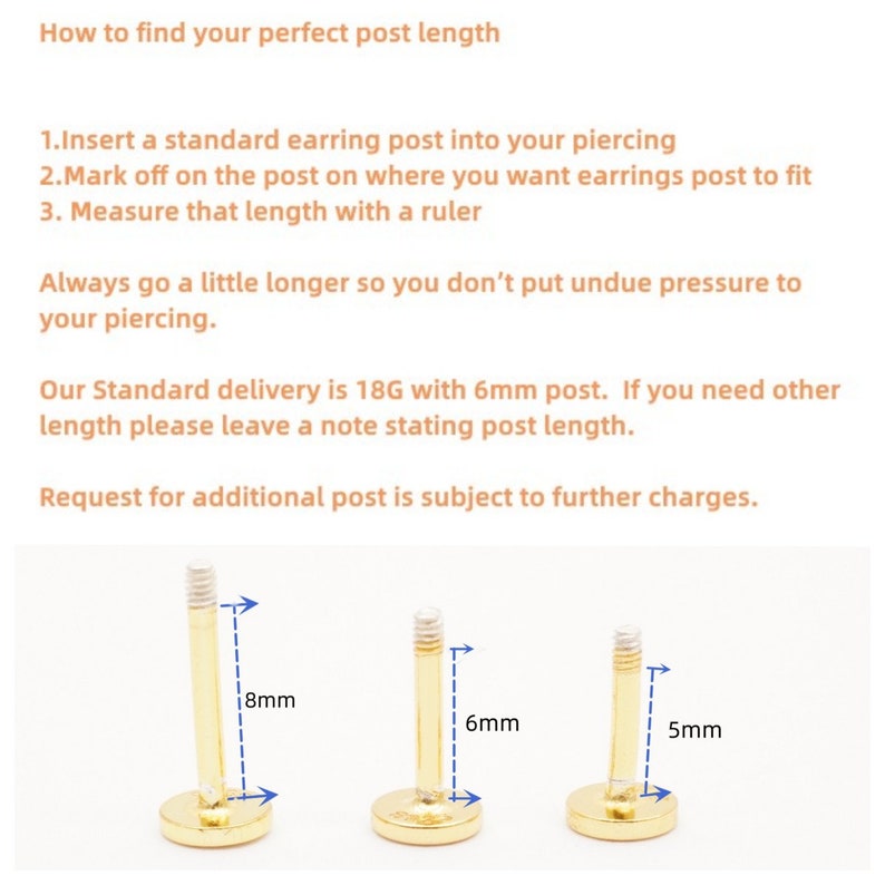 May include: Three gold-colored earring posts with threaded ends, displayed with blue arrows indicating lengths of 8mm, 6mm, and 5mm. The text provides instructions on how to measure for post length and specifies an 18G standard delivery size.