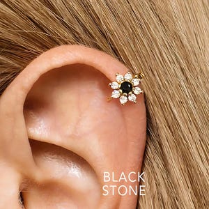 18G black stone Flower Cartilage Hoop Earring • flower upper helix earring • lobe earrings • tragus earrings • ear stack • minimalist