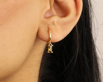 Peridot Dangle Huggie Hoop Earrings, Everyday Earrings, Dainty Earrings, Gold Earrings, Silver Earrings, Minimalist Earrings, Birthday Gift
