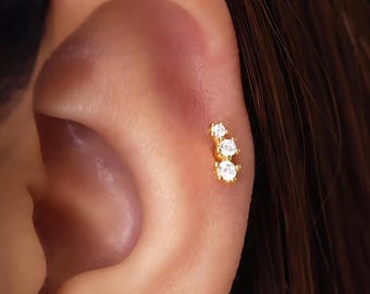 White Stone Climber Earring: Sterling Silver Cartilage Tragus Helix conch Stud