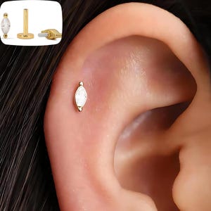 Diamond Marquise 18G Innengewinde Labret mit flachem Rücken, Knorpelohrringe, Tragus Stud, Helix Stud, 925 Sterling Silber, Minimalist