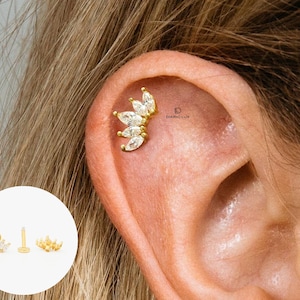 Flower Climber Flat Back Labret, Cartilage Earrings, Tragus Stud, Helix Stud, Flat Back Stud, 925 Sterling Silver, Minimalist Earring