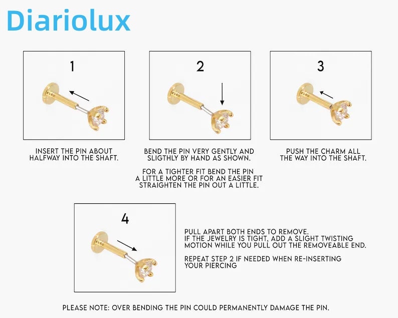 May include: A four-step guide on how to insert a nose piercing with a small, clear gem. The guide shows how to insert the pin, bend the pin, push the charm, and remove the piercing.