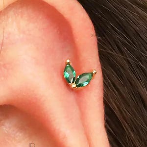 Emerald Double Marquises Flat Back Labret, Cartilage Earrings, Tragus Stud, Helix Stud, Flat Back Stud, 925 Sterling Silver, Minimalist