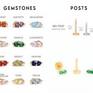 Labret à dos plat 12 pierres jumelles, boucles d'oreilles cartilage, clou tragus, clou hélice, clou, argent sterling 925, boucle d'oreille minimaliste