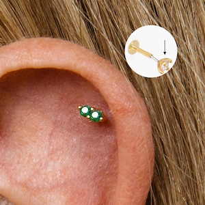 Emerald Double Stone Threadless Push Pin, Cartilage, Tragus Stud, Helix Stud, Flat Back Stud, Sterling Silver, Minimalist, stacking Earrings