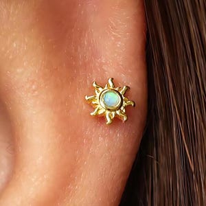 18G Blue opal Internal Threaded Flat Back Labret, Cartilage Earrings, ,Stud, 925 Sterling Silver, Tragus Helix Stud daith lobe conch snug