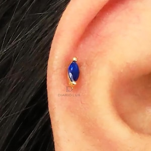 Enkele marquise saffier labret platte achterkant, kraakbeenoorbellen, tragusknop, helixknop, platte achterkant, 925 sterlingzilver, minimalistisch