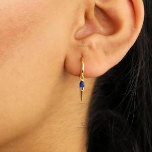 Sapphire Dangle Huggie Hoop Earrings;925 sterling silver, sparkle CZ, lobe, Simple Geometric design, minimalist, gift, 18G post, non-tarnish
