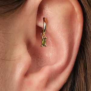 18G Peridot Baguette Cartilage Hoop Earring • tiny gold cartilage hoop • baguette stones • silver hoop • rook earrings