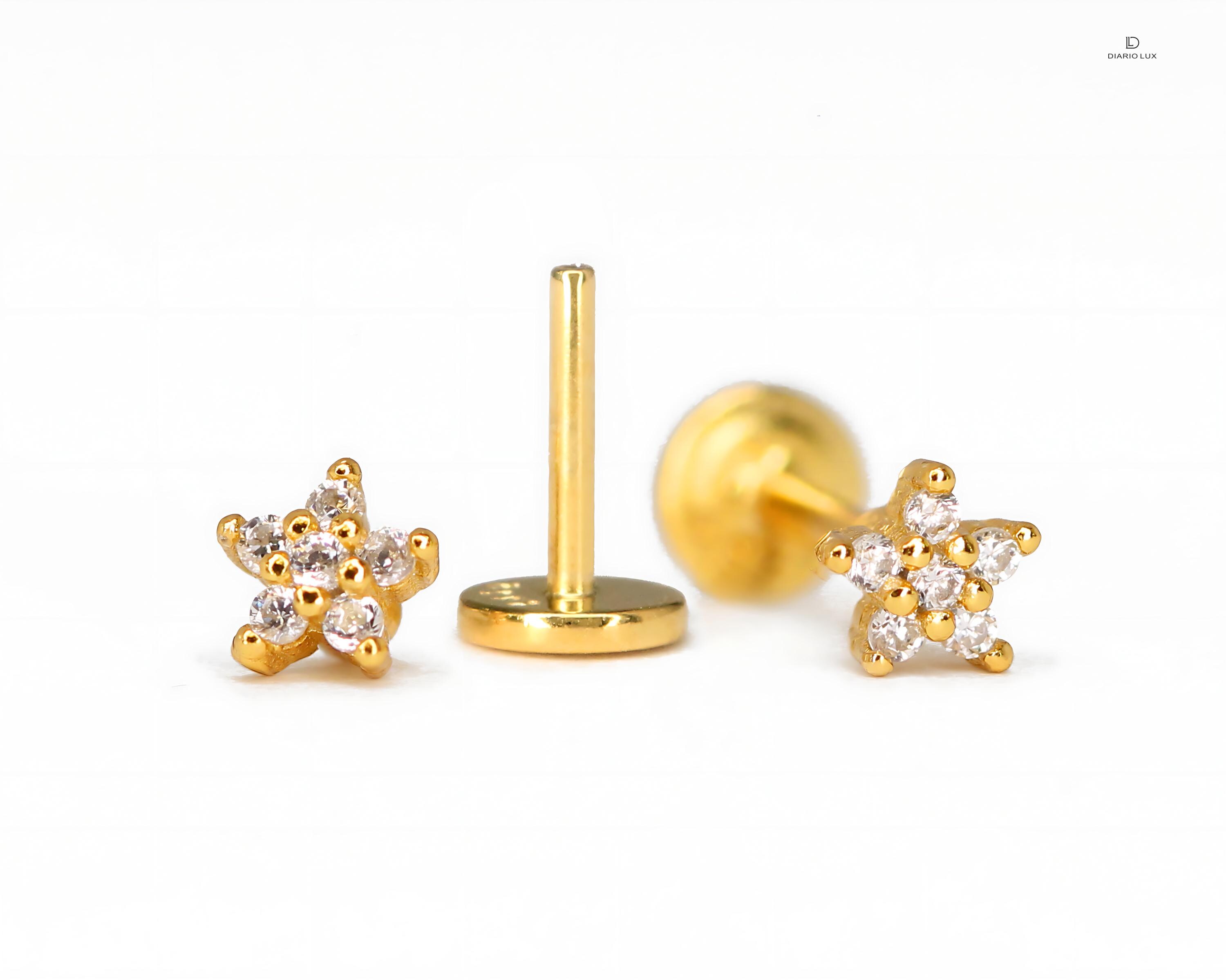 Fashion Attitude 18k Yellow Gold Plated Crystal Flower Stud Earrings – 925 Silver Pin, Helix Piercing, 5mm, Clear