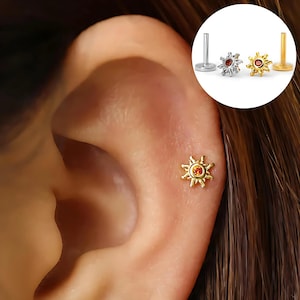 18G Garnet Internal Threaded Flat Back Labret, Cartilage Earrings, Tragus Helix Stud, Flat Back, 925 Sterling Silver, Minimalist