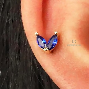 Sapphire double  Marquise Flat Back Labret, Cartilage Earrings, Tragus Stud, Helix Stud, Flat Back Stud, 925 Sterling Silver, Minimalist