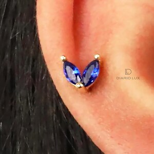 Sapphire double  Marquise Flat Back Labret, Cartilage Earrings, Tragus Stud, Helix Stud, Flat Back Stud, 925 Sterling Silver, Minimalist