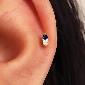 sapphire Mismatched double stones style Flat Back Labret, Cartilage Earrings, Tragus Stud, Helix Stud, Stud, 925 Sterling Silver, Minimalist