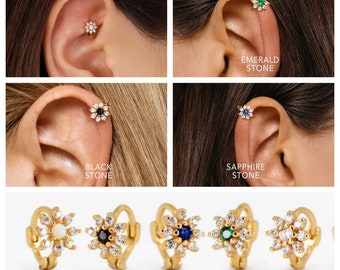 Boucle d'oreille fleur cartilage 18 g • boucle d'oreille fleur en hélice supérieure • boucles d'oreilles lobe • boucles d'oreilles tragus • empilement d'oreilles • boucles d'oreilles minimalistes