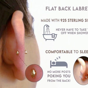 May include: Close-up of a person's ear with two flat back labret earrings. The earrings are made of 925 sterling silver and have a flat back, making them comfortable to sleep in and shower with. The text on the image reads "FLAT BACK LABRET", "MADE WITH 925 STERLING SILVER", "NEVER HAVE TO TAKE THEM OFF WHEN SHOWERING!", "COMFORTABLE TO SLEEP IN", "NO MORE POSTS POKING YOU FROM THE BACK!"