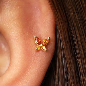 18G Garnet Butterfly Internal Threaded Flat Back stud Labret, Cartilage Earrings, Tragus, Helix Stud, 925 Sterling Silver, Minimalist
