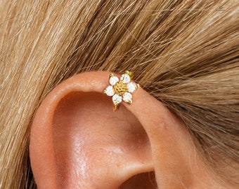 18G Silver/Gold Sunflower Hoop Earring • gold cartilage hoop earrings • upper helix earring • lobe earrings • tragus earrings