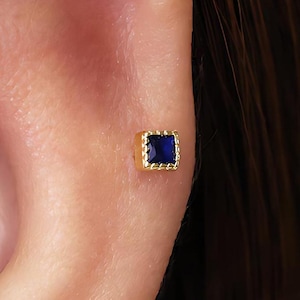 Sapphire Bezel  Flat Back Labret, Cartilage Earrings Tragus Stud, Helix Stud, Flat Back Stud, 925 Sterling Silver Minimalist Earring