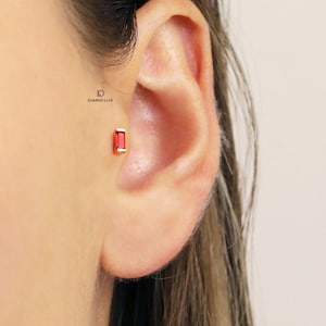 Ruby Baguette Threadless Push Pin, Cartilage Earrings, Tragus Stud, Helix Stud, Flat Back Stud, 925 Sterling Silver, Minimalist Earring