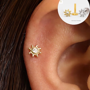 White danity stone Sun internally threaded  Flat Back Labret, Cartilage Earrings, Tragus Helix Stud, Dainty Minimalist, daith, lobe, conch