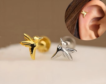 18G Sterling Silver Hummingbird Labret: Internally Threaded Cartilage lobe rook conch helix tragus Earring