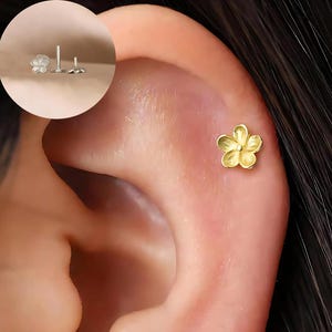 Pendiente labret de flor de 18G: Pendiente de plata de ley para lóbulo, rook, concha, hélix y tragus