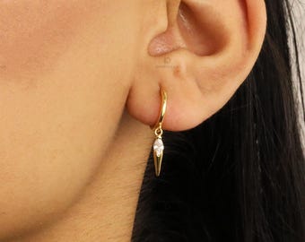 Dainty spike Huggie Hoop Earrings: 925 Sterling Silver, CZ Sparkle spike lobe conch