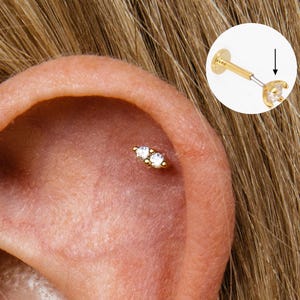 Diamond Double Stone Push Pin, Cartilage Earrings, Tragus Stud, Helix Stud, Flat Back Stud, Sterling Silver, Minimalist Earring