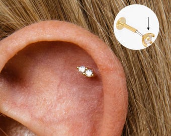 Diamond Double Stone Push Pin, Cartilage Earrings, Tragus Stud, Helix Stud, Flat Back Stud, Sterling Silver, Minimalist Earring