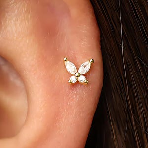 Clous d'oreilles Labret, filetage interne, diamant, papillon, dos plat, boucles d'oreilles cartilage Tragus, hélice, argent sterling 925, minimaliste