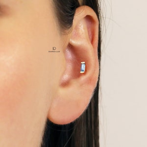 Zircon Baguette Threadless Push Pin, Cartilage Earrings, Tragus Stud, Helix Stud, Flat Back Stud, 925 Sterling Silver, Minimalist Earring