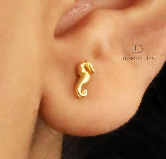 Sterling Silver Sea Horse Cartilage Earring: Flat Back Tragus Helix Stud
