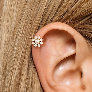 18G white stone Flower Cartilage Hoop Earring • flower upper helix earring • lobe earrings • tragus earrings • ear stack • minimalist