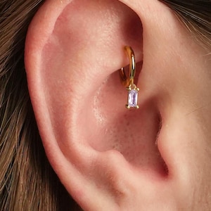 18G Alexandrite Baguette Cartilage Hoop Earring • tiny gold cartilage hoop • baguette stones • silver hoop • rook earrings