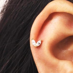 Diamond Marquise Flat Back Labret, Cartilage Earrings, Tragus Stud, Helix Stud, Flat Back Stud, 925 Sterling Silver, Minimalist Earring